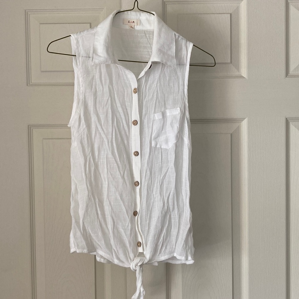 White Linen Sleeveless collared button down